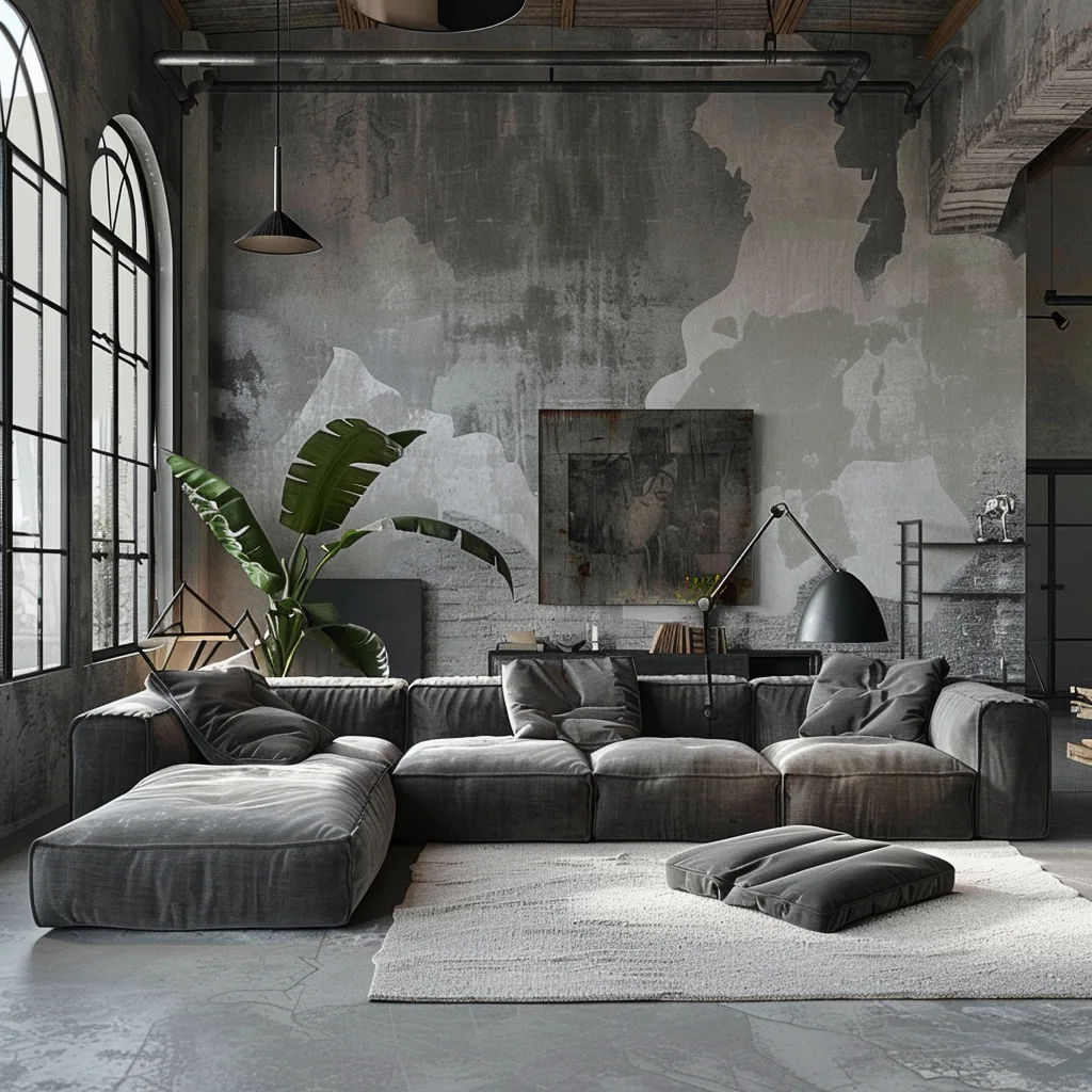 grafit szürke nappali design műgyanta padlóval és dekorfallal